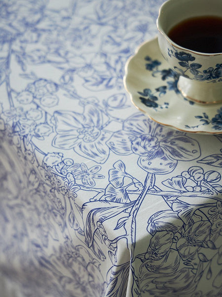 Cotton Rectangle Tablecloth for Dining Room Table, Natural Spring Farmhouse Table Cloth, Blue Flower Pattern Cotton Tablecloth, Square Tablecloth for Round Table-ArtWorkCrafts.com