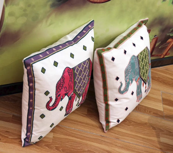 Elephant Embroider Cotton Pillow Covers, Farmhouse Decorative Sofa Pillows, Cotton Decorative Pillows, Decorative Throw Pillows for Couch-ArtWorkCrafts.com