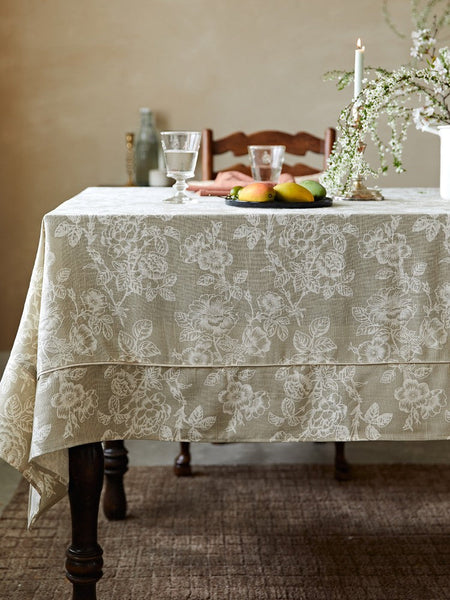 French Flower Pattern Tablecloth for Round Table, Vintage Rectangle Tablecloth for Dining Room Table, Rustic Farmhouse Table Cover for Kitchen-ArtWorkCrafts.com