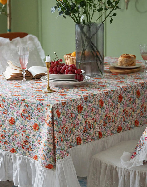 Extra Large Rectangle Tablecloth for Dining Room Table, Natural Spring Flower Farmhouse Table Cloth, Flower Pattern Cotton Tablecloth, Square Tablecloth for Round Table-ArtWorkCrafts.com