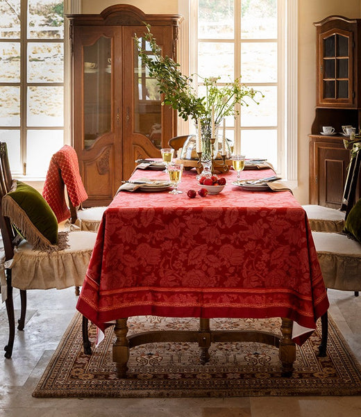 Christmas Table Cloth, Wedding Tablecloth, Red Flower Pattern Tablecloth for Home Decoration, Rectangle Tablecloth for Dining Room Table, Square Tablecloth-ArtWorkCrafts.com