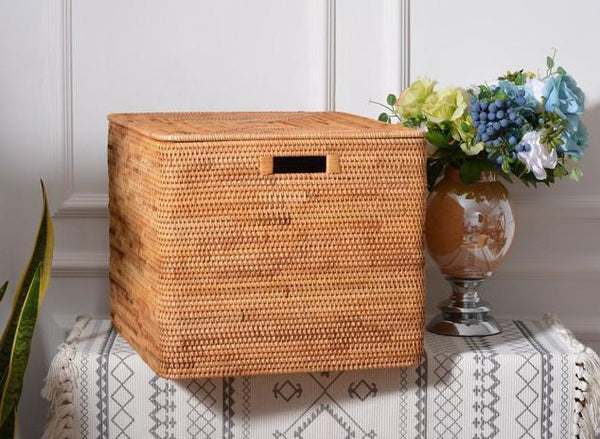 Extra Large Storage Baskets for Clothes, Oversized Rectangular Storage Basket with Lid, Wicker Rattan Storage Basket for Shelves, Storage Baskets for Bedroom-ArtWorkCrafts.com