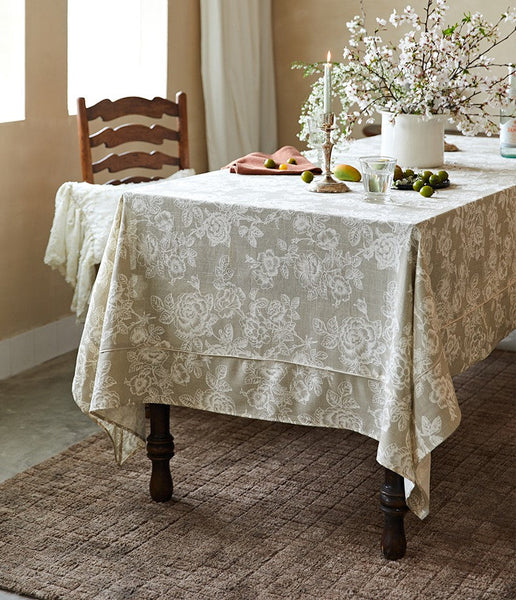 French Flower Pattern Tablecloth for Round Table, Vintage Rectangle Tablecloth for Dining Room Table, Rustic Farmhouse Table Cover for Kitchen-ArtWorkCrafts.com