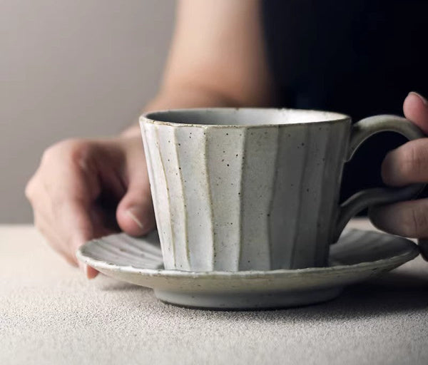 Handmade Pottery Coffee Cup, Creative Ceramic Coffee Cup with Saucer, Unique Tea Cup and Saucer, Modern Tea Cup Set for Afternoon Tea-ArtWorkCrafts.com