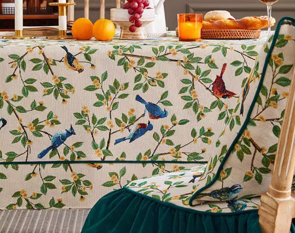 Bird Flower Pattern Farmhouse Table Cloth, Large Modern Rectangle Tablecloth for Dining Room Table, Square Tablecloth for Round Table-ArtWorkCrafts.com