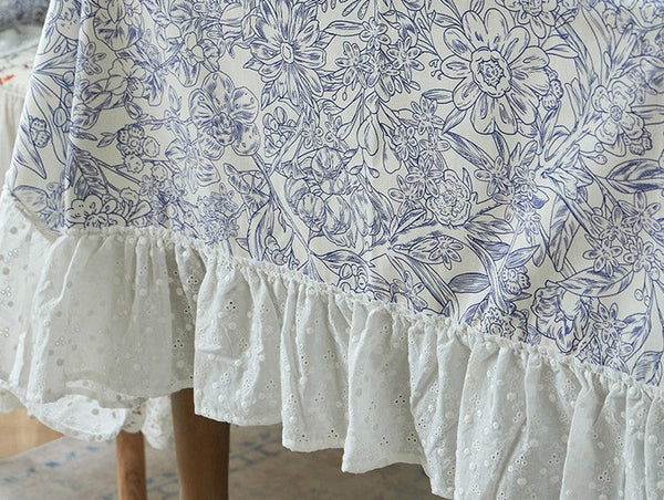 Cotton Rectangle Tablecloth for Dining Room Table, Natural Spring Farmhouse Table Cloth, Blue Flower Pattern Cotton Tablecloth, Square Tablecloth for Round Table-ArtWorkCrafts.com