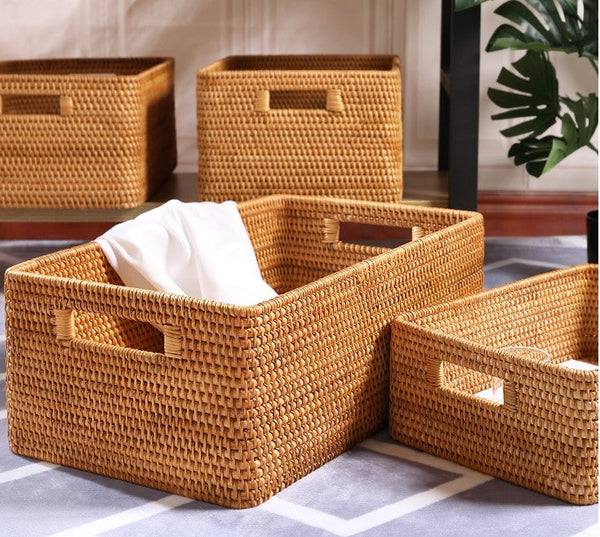 Storage Basket for Shelves, Large Rectangular Storage Baskets, Storage Baskets for Kitchen, Woven Rattan Storage Baskets for Bedroom-ArtWorkCrafts.com