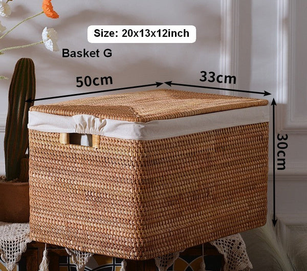 Extra Large Storage Baskets for Clothes, Oversized Rectangular Storage Basket with Lid, Wicker Rattan Storage Basket for Shelves, Storage Baskets for Bedroom-ArtWorkCrafts.com