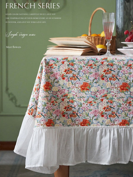 Extra Large Rectangle Tablecloth for Dining Room Table, Natural Spring Flower Farmhouse Table Cloth, Flower Pattern Cotton Tablecloth, Square Tablecloth for Round Table-ArtWorkCrafts.com