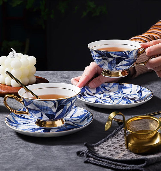 Blue Bone China Porcelain Tea Cup Set, Elegant British Ceramic Coffee Cups, Unique British Tea Cup and Saucer in Gift Box-ArtWorkCrafts.com