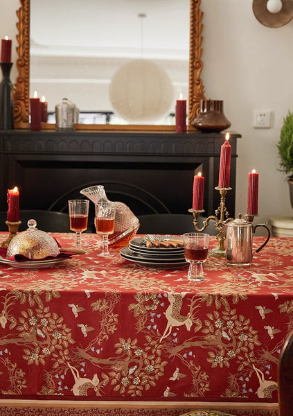 Forest Deer Red Table Covers, Square Tablecloth for Kitchen, Long Modern Rectangular Tablecloth for Dining Room Table, Extra Large Tablecloth for Round Table-ArtWorkCrafts.com