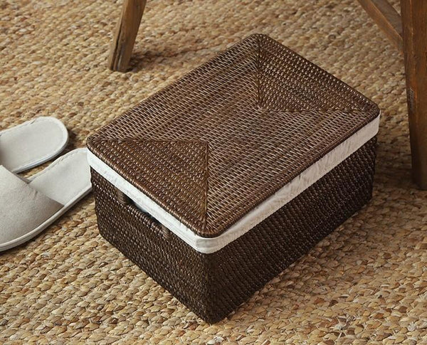 Storage Baskets for Clothes, Large Brown Rattan Storage Baskets, Storage Baskets for Bathroom, Rectangular Storage Baskets, Storage Basket with Lid-ArtWorkCrafts.com