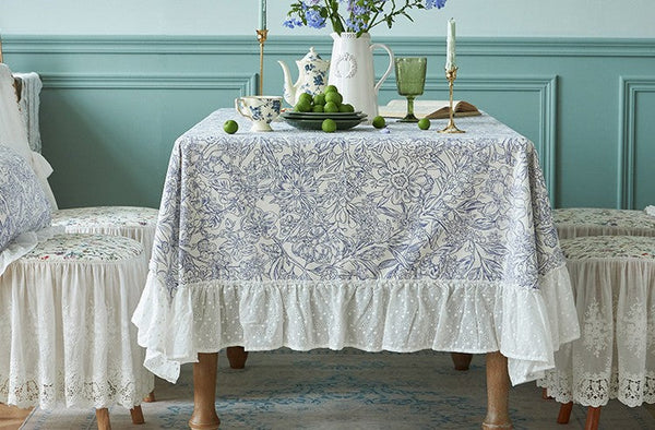 Cotton Rectangle Tablecloth for Dining Room Table, Natural Spring Farmhouse Table Cloth, Blue Flower Pattern Cotton Tablecloth, Square Tablecloth for Round Table-ArtWorkCrafts.com