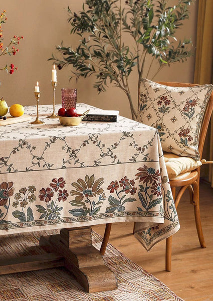 Farmhouse Table Cloth for Oval Table, Rustic Flower Pattern Linen Tablecloth for Kitchen Table, Modern Rectangle Tablecloth Ideas for Dining Room Table-ArtWorkCrafts.com