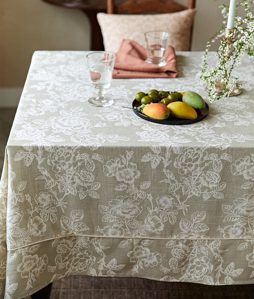 French Flower Pattern Tablecloth for Round Table, Vintage Rectangle Tablecloth for Dining Room Table, Rustic Farmhouse Table Cover for Kitchen-ArtWorkCrafts.com