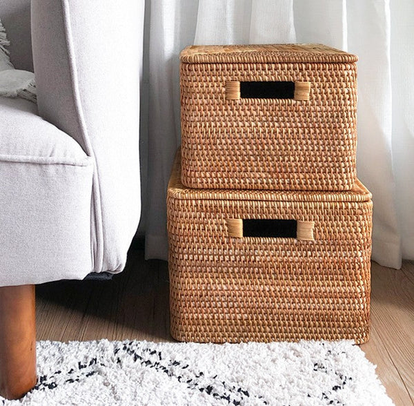 Extra Large Storage Baskets for Clothes, Oversized Rectangular Storage Basket with Lid, Wicker Rattan Storage Basket for Shelves, Storage Baskets for Bedroom-ArtWorkCrafts.com