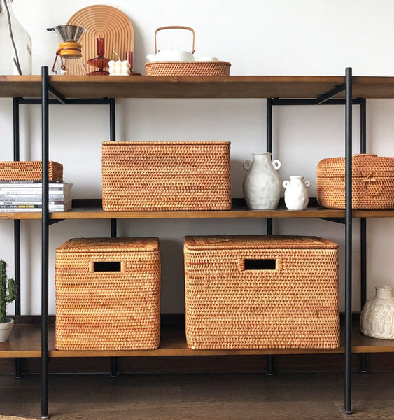 Large Storage Baskets for Clothes, Laundry Woven Baskets, Rattan Storage Baskets for Shelves, Kitchen Storage Baskets, Rectangular Storage Basket with Lid-ArtWorkCrafts.com