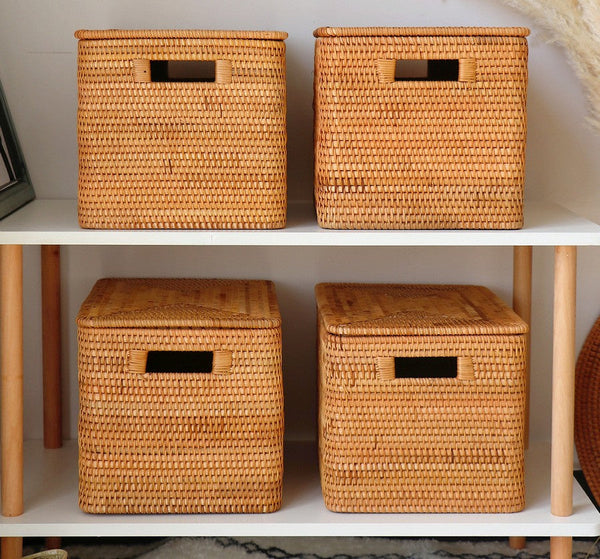 Large Storage Baskets for Clothes, Laundry Woven Baskets, Rattan Storage Baskets for Shelves, Kitchen Storage Baskets, Rectangular Storage Basket with Lid-ArtWorkCrafts.com