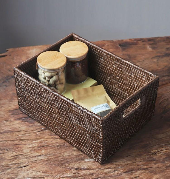 Large Brown Woven Rattan Storage Basket, Storage Baskets for Kitchen, Rectangular Storage Baskets, Storage Baskets for Clothes-ArtWorkCrafts.com