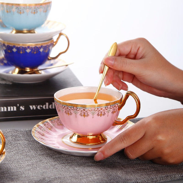 Pink Blue White Bone China Porcelain Tea Cup Set, Unique British Tea Cup and Saucer in Gift Box, Elegant British Ceramic Coffee Cups for Afternoon Tea-ArtWorkCrafts.com