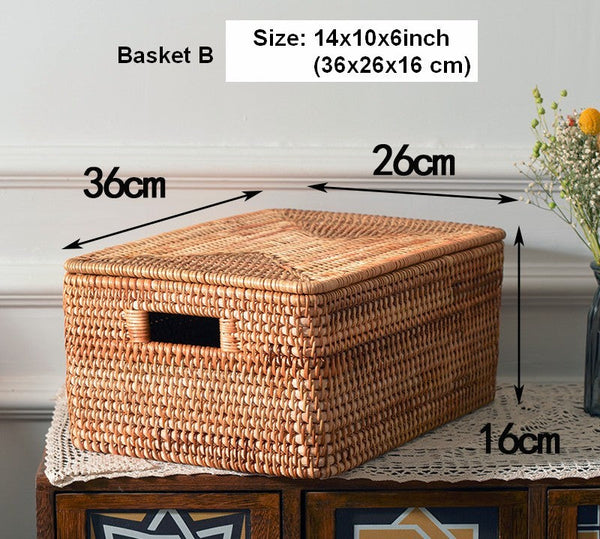 Rectangular Storage Basket with Lid, Rattan Basket, Storage Basket for Shelves, Storage Baskets for Bathroom, Bedroom Storage Baskets-ArtWorkCrafts.com