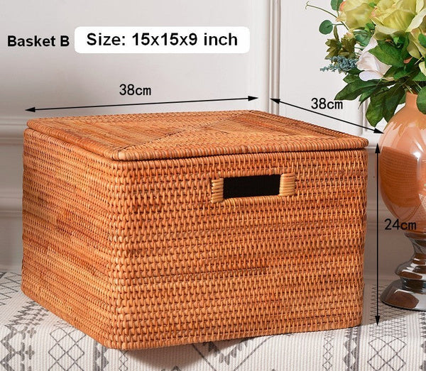 Rattan Rectangular Storage Basket with Lid, Extra Large Storage Baskets for Clothes, Storage Baskets for Bedroom, Woven Storage Baskets for Living Room-ArtWorkCrafts.com