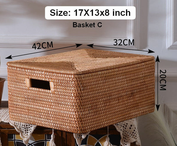 Rectangular Storage Basket with Lid, Rattan Basket, Storage Basket for Shelves, Storage Baskets for Bathroom, Bedroom Storage Baskets-ArtWorkCrafts.com