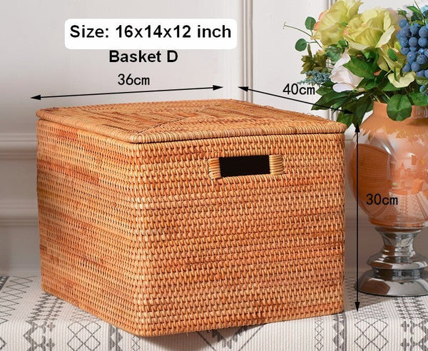 Rectangular Storage Basket with Lid, Rattan Basket, Storage Basket for Shelves, Storage Baskets for Bathroom, Bedroom Storage Baskets-ArtWorkCrafts.com