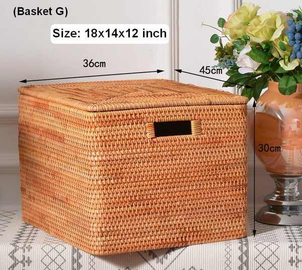 Large Storage Baskets for Clothes, Laundry Woven Baskets, Rattan Storage Baskets for Shelves, Kitchen Storage Baskets, Rectangular Storage Basket with Lid-ArtWorkCrafts.com