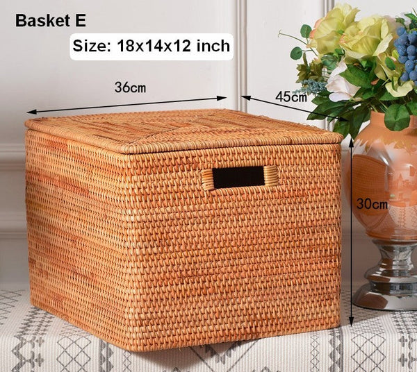 Rattan Rectangular Storage Basket with Lid, Extra Large Storage Baskets for Clothes, Storage Baskets for Bedroom, Woven Storage Baskets for Living Room-ArtWorkCrafts.com