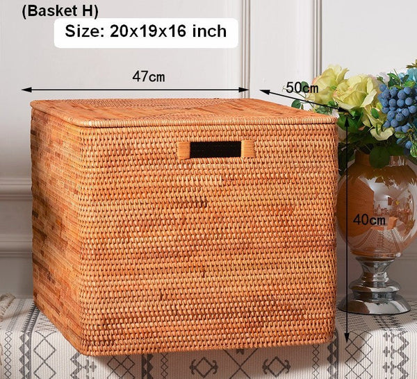 Large Storage Baskets for Clothes, Laundry Woven Baskets, Rattan Storage Baskets for Shelves, Kitchen Storage Baskets, Rectangular Storage Basket with Lid-ArtWorkCrafts.com