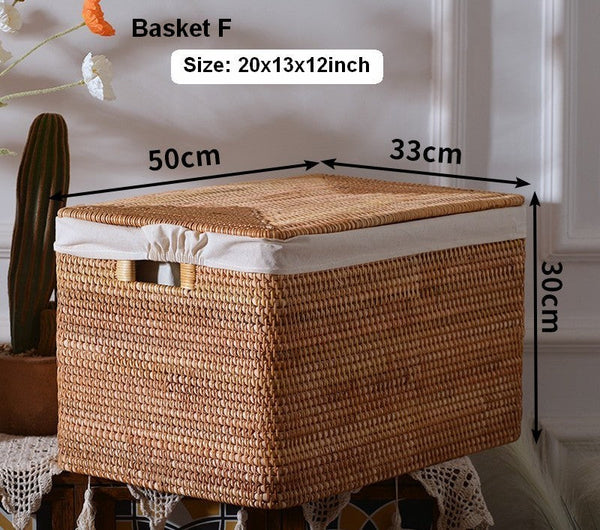 Rattan Rectangular Storage Basket with Lid, Extra Large Storage Baskets for Clothes, Storage Baskets for Bedroom, Woven Storage Baskets for Living Room-ArtWorkCrafts.com