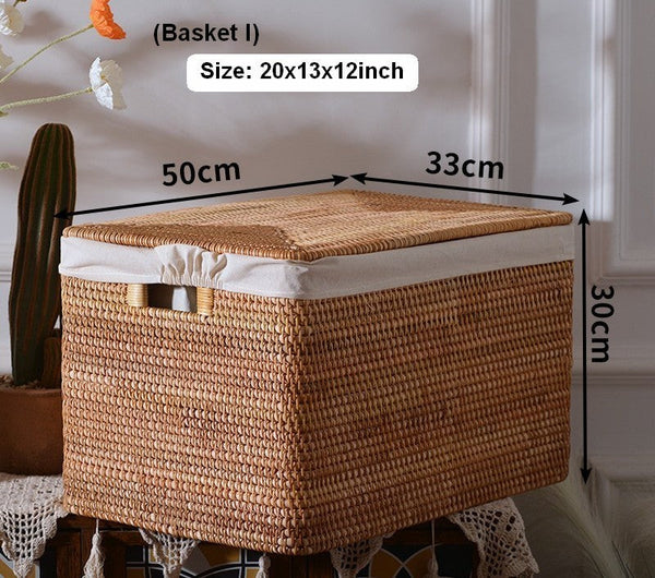 Large Rectangular Storage Baskets for Bathroom, Wicker Storage Basket with Lid, Extra Large Storage Baskets for Clothes, Storage Baskets for Shelves-ArtWorkCrafts.com