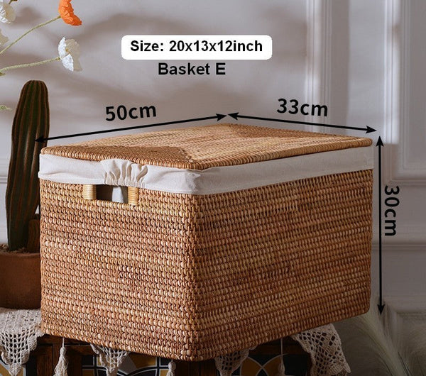 Rectangular Storage Basket with Lid, Rattan Basket, Storage Basket for Shelves, Storage Baskets for Bathroom, Bedroom Storage Baskets-ArtWorkCrafts.com