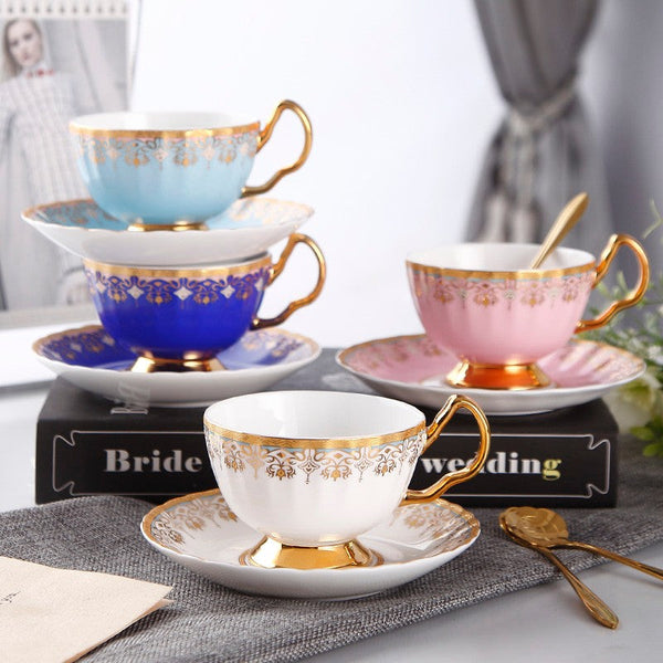 Pink Blue White Bone China Porcelain Tea Cup Set, Unique British Tea Cup and Saucer in Gift Box, Elegant British Ceramic Coffee Cups for Afternoon Tea-ArtWorkCrafts.com