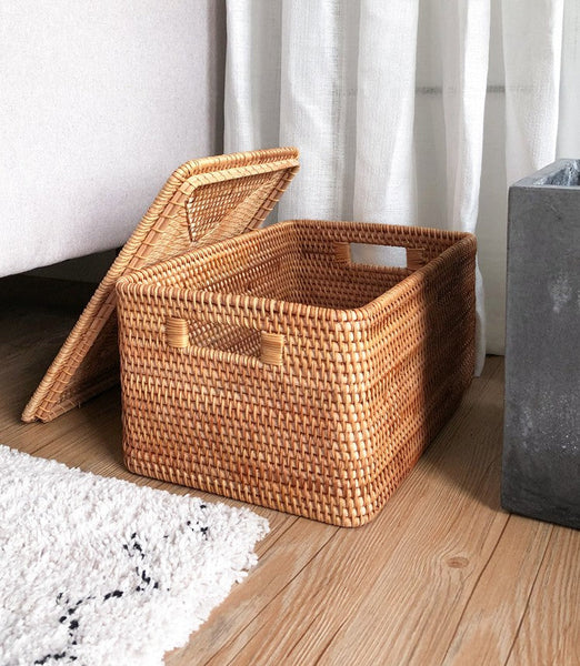 Large Rectangular Storage Baskets for Bathroom, Wicker Storage Basket with Lid, Extra Large Storage Baskets for Clothes, Storage Baskets for Shelves-ArtWorkCrafts.com