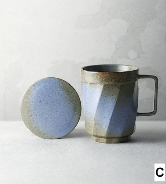 Large Modern Handmade Pottery Coffee Cup, Creative Brown Green Blue Black Ceramic Coffee Mugs, Large Unique Tea Cup, Large Capacity Coffee Mug with Cover-ArtWorkCrafts.com