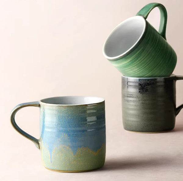 Large Modern Handmade Pottery Coffee Cup, Large Capacity Coffee Mugs, Creative Handmade Coffee Mugs, Blue Green Black Ceramic Coffee Mugs-ArtWorkCrafts.com