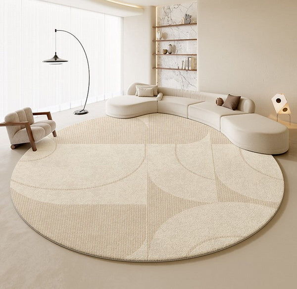 Geometric Circular Rugs for Dining Room, Cream Color Contemporary Modern Rugs, Modern Rugs under Coffee Table, Abstract Modern Round Rugs for Bedroom-ArtWorkCrafts.com