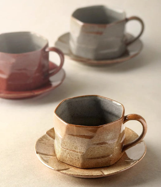 Unique Tea Cup and Saucer, Modern Handmade Pottery Coffee Cup, Creative Ceramic Coffee Cup with Saucer, Tea Cup Set for Afternoon Tea-ArtWorkCrafts.com