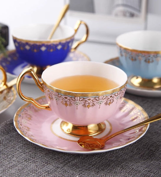 Pink Blue White Bone China Porcelain Tea Cup Set, Unique British Tea Cup and Saucer in Gift Box, Elegant British Ceramic Coffee Cups for Afternoon Tea-ArtWorkCrafts.com