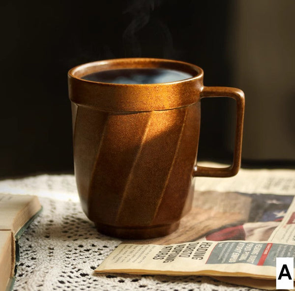 Large Modern Handmade Pottery Coffee Cup, Creative Brown Green Blue Black Ceramic Coffee Mugs, Large Unique Tea Cup, Large Capacity Coffee Mug with Cover-ArtWorkCrafts.com