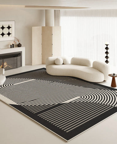 Geometric Contemporary Rugs Next to Bed, Black Stripe Contemporary Modern Rugs, Modern Rugs for Living Room, Modern Rugs for Dining Room-ArtWorkCrafts.com