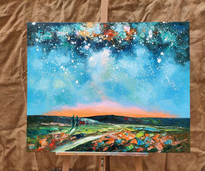 Landscape Painting on Canvas, Starry Night Sky Painting, Original Landscape Painting, Custom Canvas Painting for Dining Room-ArtWorkCrafts.com