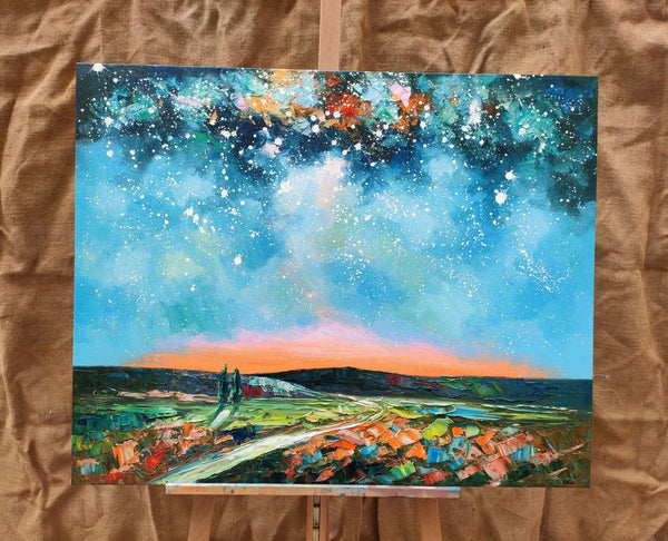 Landscape Painting on Canvas, Starry Night Sky Painting, Original Landscape Painting, Custom Canvas Painting for Dining Room-ArtWorkCrafts.com