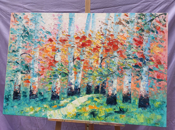 Custom Canvas Painting, Abstract Landscape Painting, Autumn Birch Tree, Canvas Painting-ArtWorkCrafts.com