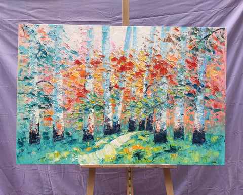 Custom Canvas Painting, Abstract Landscape Painting, Autumn Birch Tree, Canvas Painting-ArtWorkCrafts.com