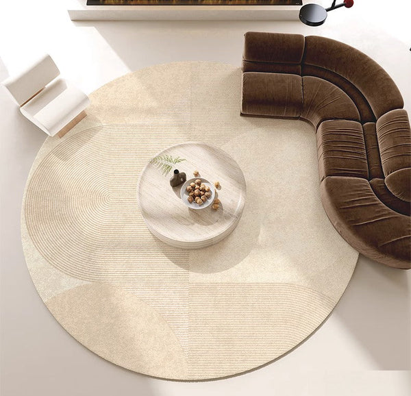 Unique Modern Rugs for Living Room, Geometric Round Rugs for Dining Room, Contemporary Cream Color Rugs for Bedroom, Circular Modern Rugs under Chairs-ArtWorkCrafts.com