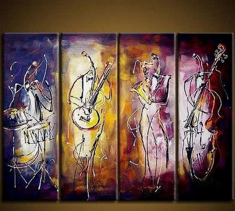 Music Player Painting, Extra Large Painting Above Sofa, 4 Piece Abstract Painting, Simple Abstract Wall Art, Modern Paintings for Living Room-ArtWorkCrafts.com