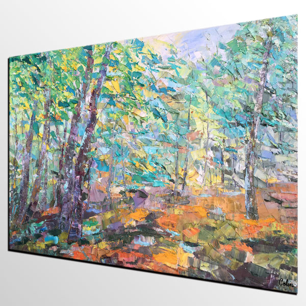 Autumn Forest Tree Painting, Landscape Canvas Painting, Impasto Paintings, Custom Large Painting for Bedroom, Original Landscape Painting-ArtWorkCrafts.com